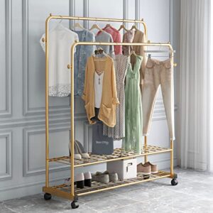 thick forest double layer clothes rack clothes rack with wheels clothing rack rolling rack metal rolling garment rack with double-tier shelves, clothes storage and organizer (gold)…