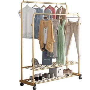 Thick forest Double Layer Clothes Rack Clothes Rack with Wheels Clothing Rack Rolling Rack Metal Rolling Garment Rack with Double-Tier Shelves, Clothes Storage and Organizer (Gold)…