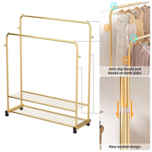 Thick forest Double Layer Clothes Rack Clothes Rack with Wheels Clothing Rack Rolling Rack Metal Rolling Garment Rack with Double-Tier Shelves, Clothes Storage and Organizer (Gold)…