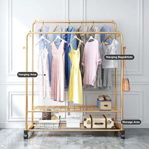 Thick forest Double Layer Clothes Rack Clothes Rack with Wheels Clothing Rack Rolling Rack Metal Rolling Garment Rack with Double-Tier Shelves, Clothes Storage and Organizer (Gold)…