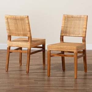 Baxton Studio Lesia Dining Chair Dining Chair Natural Brown Rattan and Walnut Brown Finished Wood 2-Piece Dining Chair Set