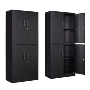 yizosh metal storage locking cabinet with 4 doors and 2 adjustable shelves,71" lockable garage tall steel cabinet,for home office,living room,pantry,gym,commercial storage (black)