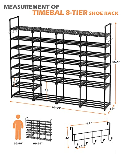 TIMEBAL 8-Tier Shoe Rack, Stackable Shoe Storage Organizer, holds 52-60 Pair Shoes and Boots, Durable Metal Pipes and Plastic Connectors Shoe Shelf Organizer for Entryway, Hallway, Living Room, Black