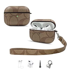 case for airpods pro case,6 in 1 fashion luxury pu shockproof anti-slip protective cover accessories set for airpod pro charging case with keychain/ear hook/watch band holder/anti-lost strap(brown)
