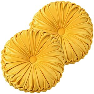 HIG Set of 2 Decorative Round Pleated Throw Pillows, Classy Accent Pumpkin Throw Pillows with Center Button, Vintage Velvet Floor Pillow for Sofa Couch Vanity Chair Bed, Yellow, 14.5" Diameter(RIPPLE)