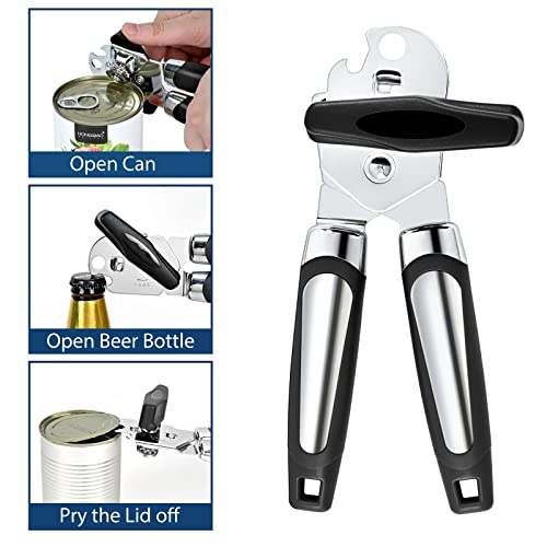 Elyum Can Opener, 3 in 1 Can Opener Manual Anti-Slip Grip Can Opener Smooth Edge, Heavy Duty Can Openers for Seniors with Arthritis, Young People, Black