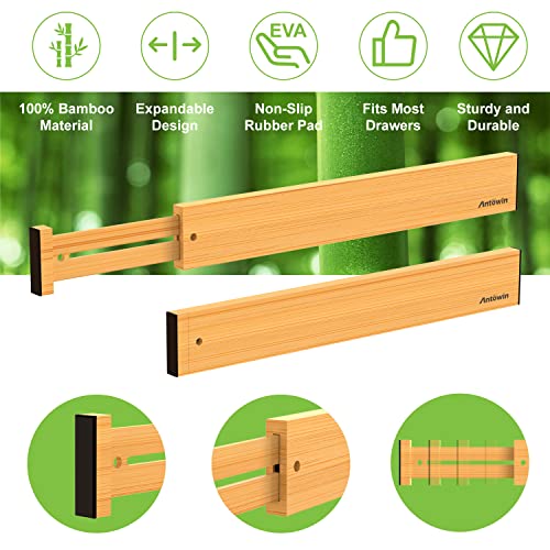 ANTOWIN Bamboo Drawer Dividers Organizers 16pcs, Expandable Drawer Separators Splitter, 17-22 inches Long Adjustable Spring-loaded Organizer for Large Utensil, Clothes, Tools Drawers (8+8)