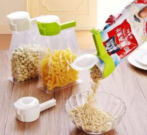 fliphives kitchen tools gadgets for food bags sealer clips with spout for easy to pour and clamp tight to stay fresh of your chips cereal pet dog cat food and more in multicolour of 4 pieces per set