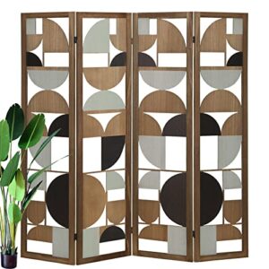 babion 4 panel room divider, wood cutout folding room divider, 5.6 ft tall room screen divider indoor portable partition screen, modern home office bedroom decoration, brown