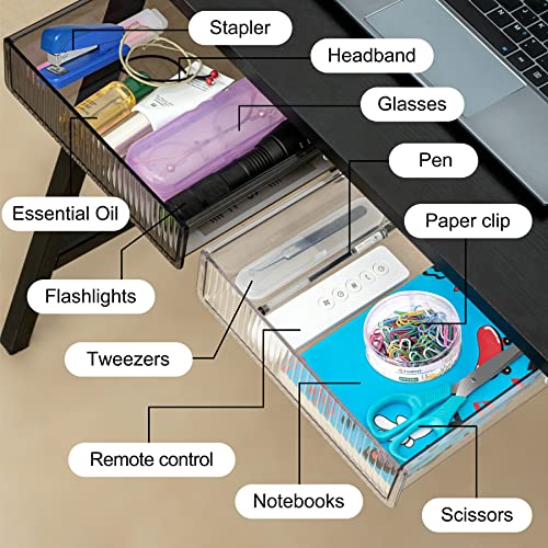 2 Pack Under Desk Drawer Organizer Slide Out, Self- adhesive Plastic Drawer Under Desk Storage Accessories & Workspace Organizers, Add a Drawer Under Table Storage for Office/ Classroom/ Home