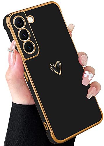 MZELQ Compatible with Samsung Galaxy S22 Case for Women Cute Luxury Gold Heart Pattern Design, Full Camera Protection & Soft TPU Shockproof Protective Plating Edge Phone Case,6.1 inch 2022, Black