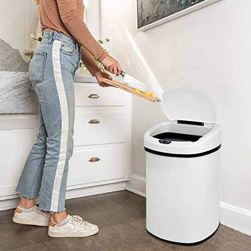 PIKAQTOP Automatic Touchless Infrared Motion Sensor Trash Can 13 Gallon, 50L High-Capacity Finger-Print Resistant Stainless Steel Brushed Bin with Lid, Garbage for Bathroom Bedroom Home Office, WHITE