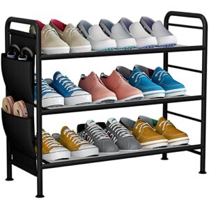 sorcedas shoe rack organizer 3 tier free standing shoes racks small metal storage shelf with side hanging bag for closet entryway hold 12 pairs, black