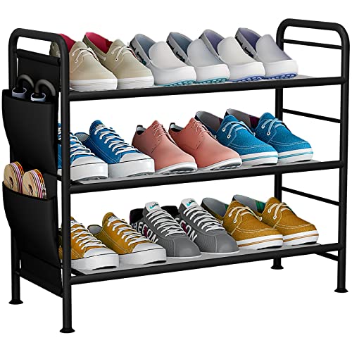 SORCEDAS Shoe Rack Organizer 3 Tier Free Standing Shoes Racks Small Metal Storage Shelf with Side Hanging Bag for Closet Entryway Hold 12 Pairs, Black