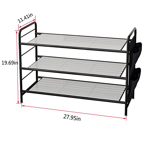 SORCEDAS Shoe Rack Organizer 3 Tier Free Standing Shoes Racks Small Metal Storage Shelf with Side Hanging Bag for Closet Entryway Hold 12 Pairs, Black