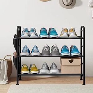 SORCEDAS Shoe Rack Organizer 3 Tier Free Standing Shoes Racks Small Metal Storage Shelf with Side Hanging Bag for Closet Entryway Hold 12 Pairs, Black