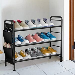 SORCEDAS Shoe Rack Organizer 3 Tier Free Standing Shoes Racks Small Metal Storage Shelf with Side Hanging Bag for Closet Entryway Hold 12 Pairs, Black