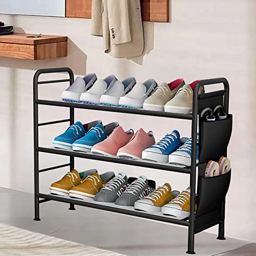 SORCEDAS Shoe Rack Organizer 3 Tier Free Standing Shoes Racks Small Metal Storage Shelf with Side Hanging Bag for Closet Entryway Hold 12 Pairs, Black