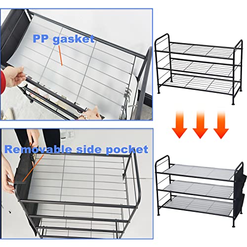 SORCEDAS Shoe Rack Organizer 3 Tier Free Standing Shoes Racks Small Metal Storage Shelf with Side Hanging Bag for Closet Entryway Hold 12 Pairs, Black