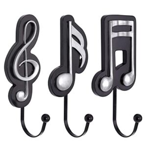 kungyo music wall mount hooks - 3 pack decorative resin hooks for hanging coats bags hats keys towels vintage heavy duty coat hook for home living room decor simple style music gifts （black silver）