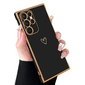 mzelq compatible with samsung galaxy s22 ultra case for women cute luxury gold heart pattern design, full camera protection & soft tpu shockproof protective plating edge phone case 6.9 inch 2022 black