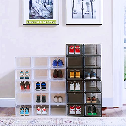 JECCICHY 6 Pack Shoe Organizer for Closet, Shoe Storage Container with Lids, Shoe Box Clear Plastic Stackable, Thick Hard Polypropylene, Drop Front Door, Within US Size 12, Large (Outside Size: 13.54”x 10.63”x 7.48”) (clear)