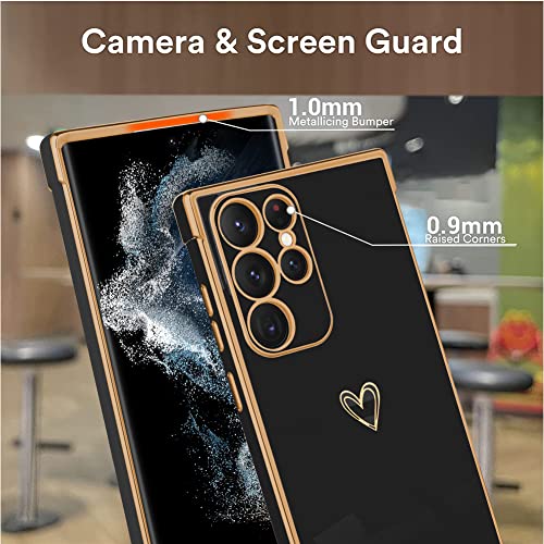 MZELQ Compatible with Samsung Galaxy S22 Ultra Case for Women Cute Luxury Gold Heart Pattern Design, Full Camera Protection & Soft TPU Shockproof Protective Plating Edge Phone Case 6.9 inch 2022 Black