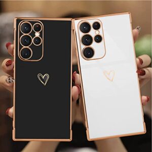 MZELQ Compatible with Samsung Galaxy S22 Ultra Case for Women Cute Luxury Gold Heart Pattern Design, Full Camera Protection & Soft TPU Shockproof Protective Plating Edge Phone Case 6.9 inch 2022 Black