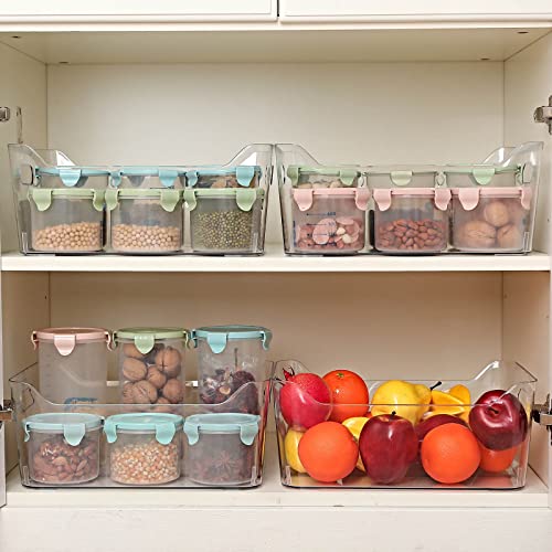 Kazozobi X-Large Plastic Storage Bins with Built-in Handles, 4 Pack Clear Pantry Food Organization and Storage, Open Container for Fridge, Kitchen, Bathroom and Bedroom