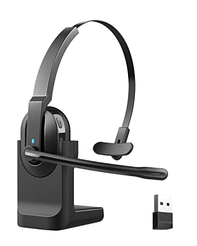 ASIAMENG Bluetooth Headset with Microphone(AI Noise Cancelling) USB Dongle, Trucker Wireless Headset with Mute Key Charging Stand 50H Talk Time Headset for Computer PC Laptop Cell Phones Home Office