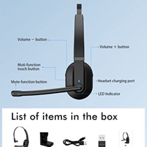 ASIAMENG Bluetooth Headset with Microphone(AI Noise Cancelling) USB Dongle, Trucker Wireless Headset with Mute Key Charging Stand 50H Talk Time Headset for Computer PC Laptop Cell Phones Home Office