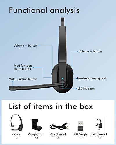 ASIAMENG Bluetooth Headset with Microphone(AI Noise Cancelling) USB Dongle, Trucker Wireless Headset with Mute Key Charging Stand 50H Talk Time Headset for Computer PC Laptop Cell Phones Home Office