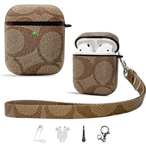 case for airpods 2&1 case,6 in 1 fashion luxury pu shockproof anti-slip protective cover accessories set for airpods 2/1 charging case with keychain/ear hook/watch band holder/anti-lost strap(brown)