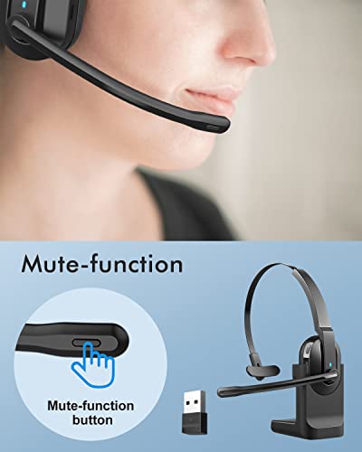 ASIAMENG Bluetooth Headset with Microphone(AI Noise Cancelling) USB Dongle, Trucker Wireless Headset with Mute Key Charging Stand 50H Talk Time Headset for Computer PC Laptop Cell Phones Home Office