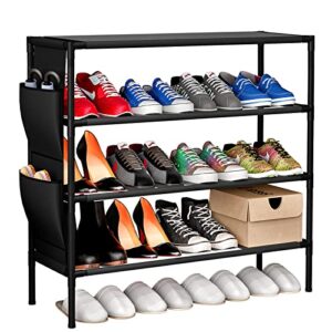 sorcedas shoe rack storage organizer 4 tier black metal stackable shelf with side pocket for closet entryway floor hallway (4 tier, black)