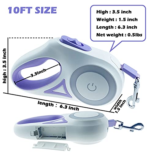 Dog Leash Retractable Dogs Leashes with Led Bright Flashlight Walking Leashes for Puppy Small Medium Dogs Leash One Handed Brake Free Movement One Button Disconnect and Lock(Purple(10FT)