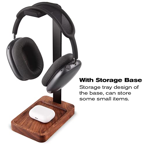 Walnut Wood & Aluminum Headset Holder, PHERKORM Desktop Headphone Stand, Universal Headphone Holder for Most Music Gaming headsets - Black Walnut