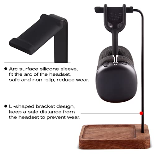 Walnut Wood & Aluminum Headset Holder, PHERKORM Desktop Headphone Stand, Universal Headphone Holder for Most Music Gaming headsets - Black Walnut