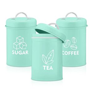 e-far canister sets for kitchen counter, 3-piece metal tea coffee sugar canister with airtight lid for food storage, farmhouse style & small size (6.1” x 4”)-turquoise