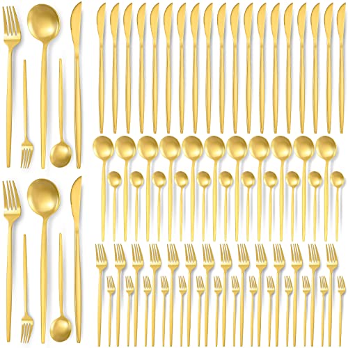 90 Pcs Gold Silverware Set, 18 Set Gold Flatware Cutlery for 5 Matte Golden Stainless Steel Utensils Set Includes Forks Knives and Spoons for Kitchen Home Restaurant (Gold Handle)