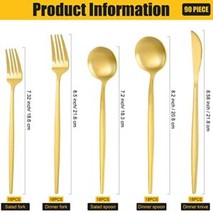 90 Pcs Gold Silverware Set, 18 Set Gold Flatware Cutlery for 5 Matte Golden Stainless Steel Utensils Set Includes Forks Knives and Spoons for Kitchen Home Restaurant (Gold Handle)