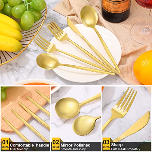 90 Pcs Gold Silverware Set, 18 Set Gold Flatware Cutlery for 5 Matte Golden Stainless Steel Utensils Set Includes Forks Knives and Spoons for Kitchen Home Restaurant (Gold Handle)