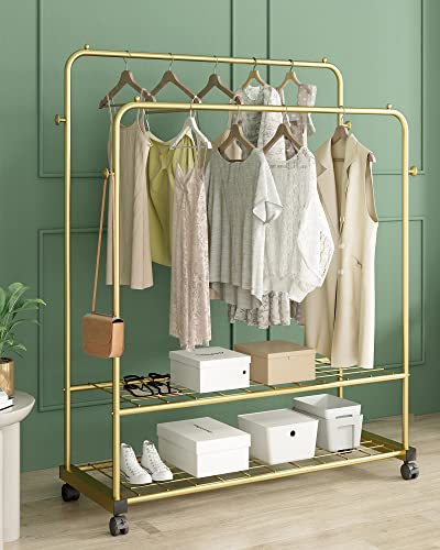 GAMNOF Rolling Metal Clothes Rack Two Shelves Clothing Rack Two Rod Garment Rack for Hanging Clothes with Caster Wheels for Clothes Hats Bags and etc Storage and Organizer