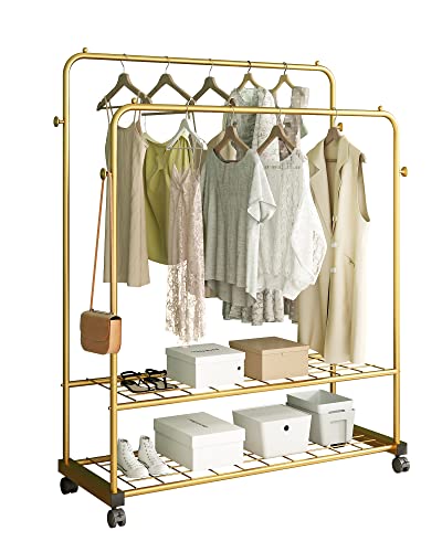 GAMNOF Rolling Metal Clothes Rack Two Shelves Clothing Rack Two Rod Garment Rack for Hanging Clothes with Caster Wheels for Clothes Hats Bags and etc Storage and Organizer