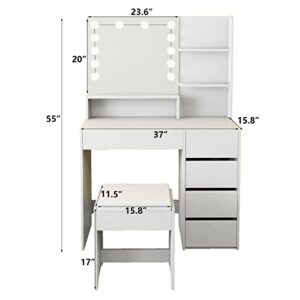 Furniouse 37" W Vanity Desk, Vanity Mirror with Lights and Table Set with 5 Drawers, Vanity Set 3 Lighting Modes Brightness Adjustable for Bedroom Studio