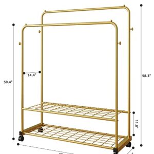 GAMNOF Rolling Metal Clothes Rack Two Shelves Clothing Rack Two Rod Garment Rack for Hanging Clothes with Caster Wheels for Clothes Hats Bags and etc Storage and Organizer