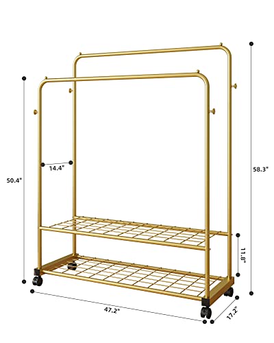 GAMNOF Rolling Metal Clothes Rack Two Shelves Clothing Rack Two Rod Garment Rack for Hanging Clothes with Caster Wheels for Clothes Hats Bags and etc Storage and Organizer