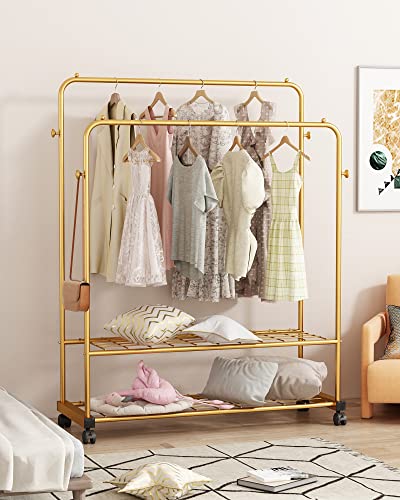 GAMNOF Rolling Metal Clothes Rack Two Shelves Clothing Rack Two Rod Garment Rack for Hanging Clothes with Caster Wheels for Clothes Hats Bags and etc Storage and Organizer