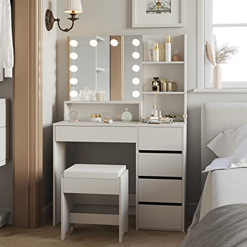 Furniouse 37" W Vanity Desk, Vanity Mirror with Lights and Table Set with 5 Drawers, Vanity Set 3 Lighting Modes Brightness Adjustable for Bedroom Studio