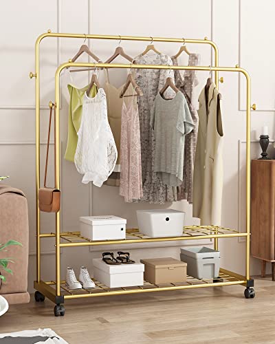 GAMNOF Rolling Metal Clothes Rack Two Shelves Clothing Rack Two Rod Garment Rack for Hanging Clothes with Caster Wheels for Clothes Hats Bags and etc Storage and Organizer